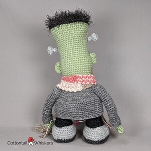Pode incluir: Uma boneca de monstro Frankenstein de croch&ecirc; verde com cabelo preto, um su&eacute;ter cinza e uma echarpe rosa e branca. A boneca est&aacute; usando sapatos cinza com detalhes pretos.
