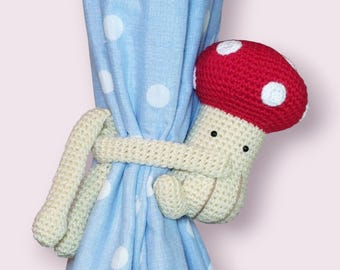 Crochet Toadstool Pattern, Curtain Tie Backs, PDF Digital Download, Amigurumi Mushroom, Woodland Theme Decor