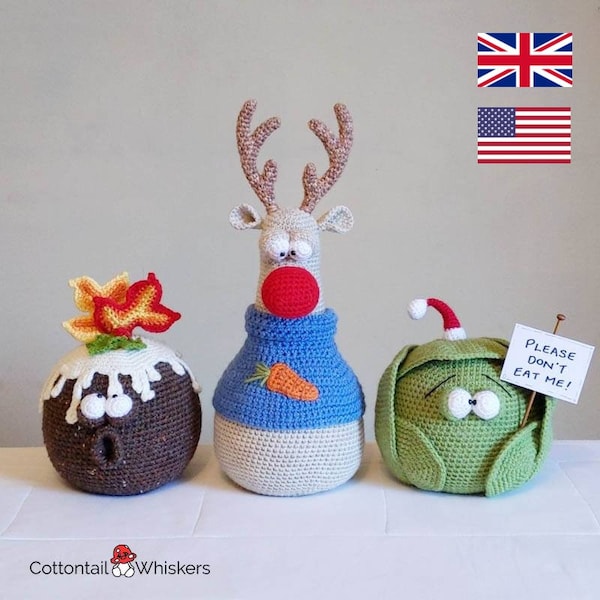 Crochet Reindeer Brussels Sprout Christmas Pudding Doorstops, Set of 3 PDF PATTERNS ONLY, Xmas Decor, Amigurumi Tutorial, Shelf Sitter