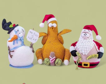 Santa, Snowman & Turkey Crochet Pattern Bundle, Christmas Amigurumi Doorstop Decoration, PDF Digital Download