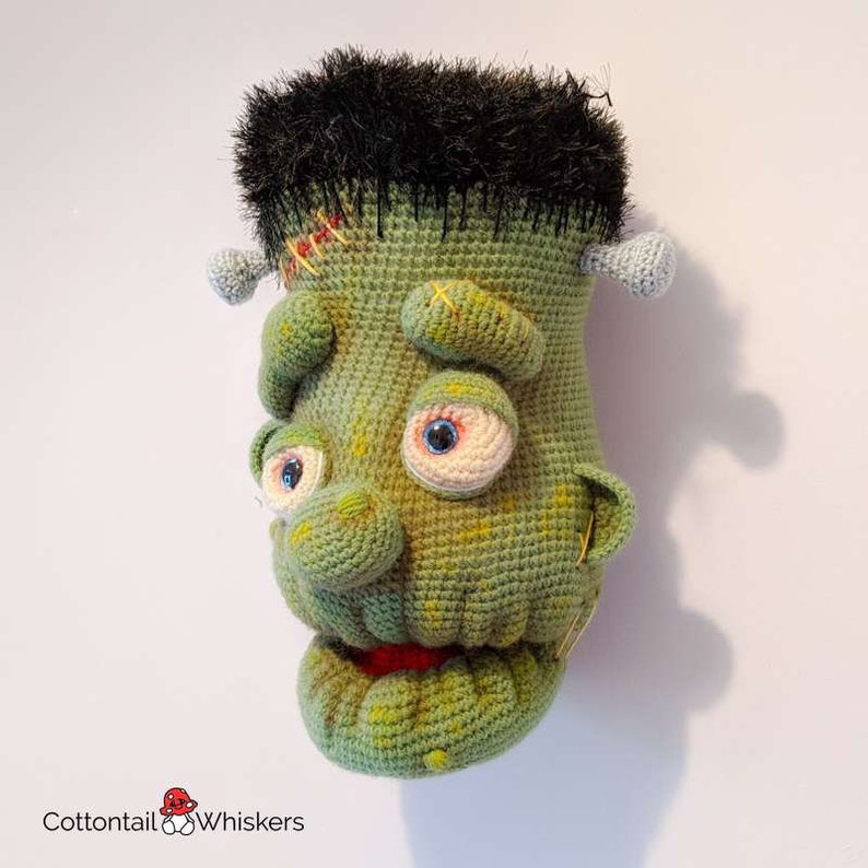 Gehaakt monster van Frankenstein, ALLEEN PDF-PATROON, Amigurumi Trophy Head, Muurhanger afbeelding 6