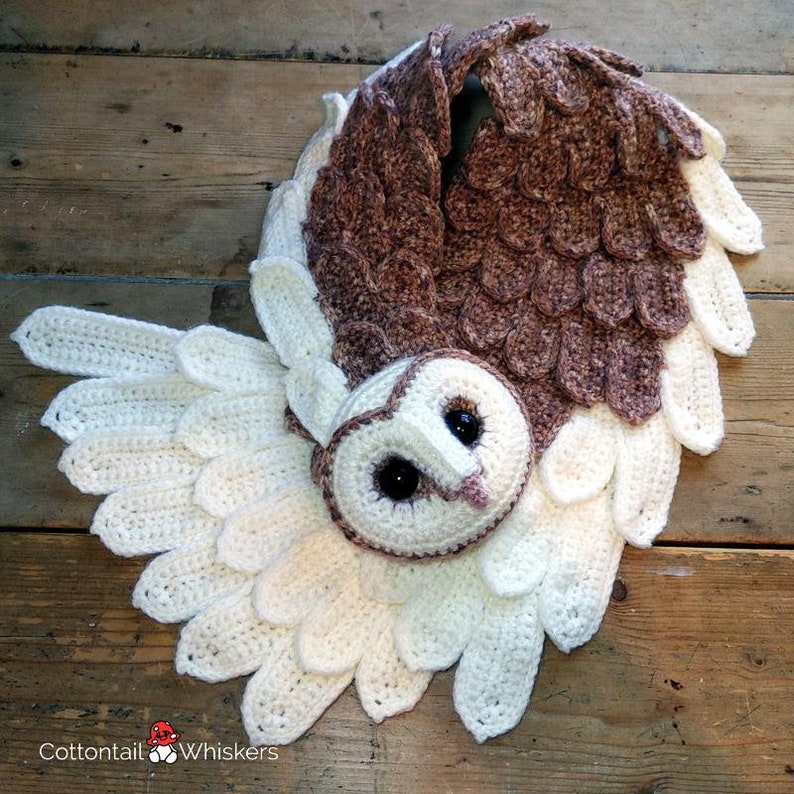 Crochet Barn Owl Wrap, PDF PATTERN ONLY, Feather Scarf, Amigurumi Bird Cowl image 9