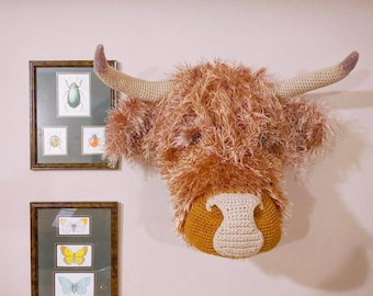 Patrón de ganchillo para cabeza de trofeo de vaca de las Highlands, descarga digital en PDF, amigurumi, imitación de taxidermia, para colgar en la pared.