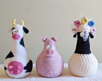 Crochet Cow Pig Sheep Doorstop, Set of 3 PDF PATTERN ONLY, Farmhouse Decor, Amigurumi Tutorial, Shelf Sitter