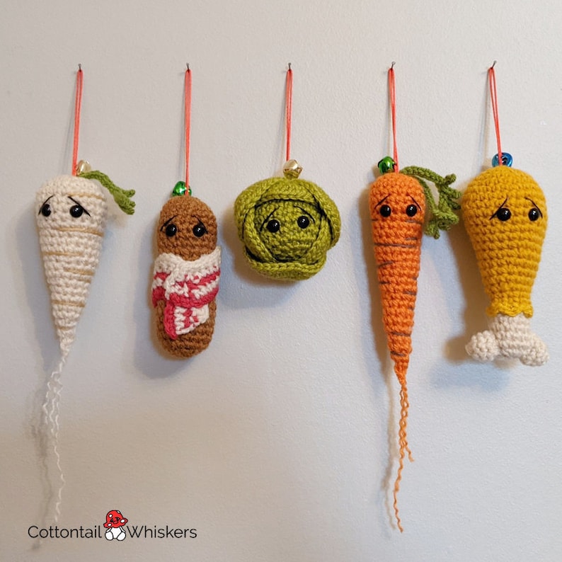 Crochet Christmas Tree Baubles, Amigurumi Carrot, PDF PATTERN, Brussel Sprout, Pigs in Blankets, Tree Decoration image 3