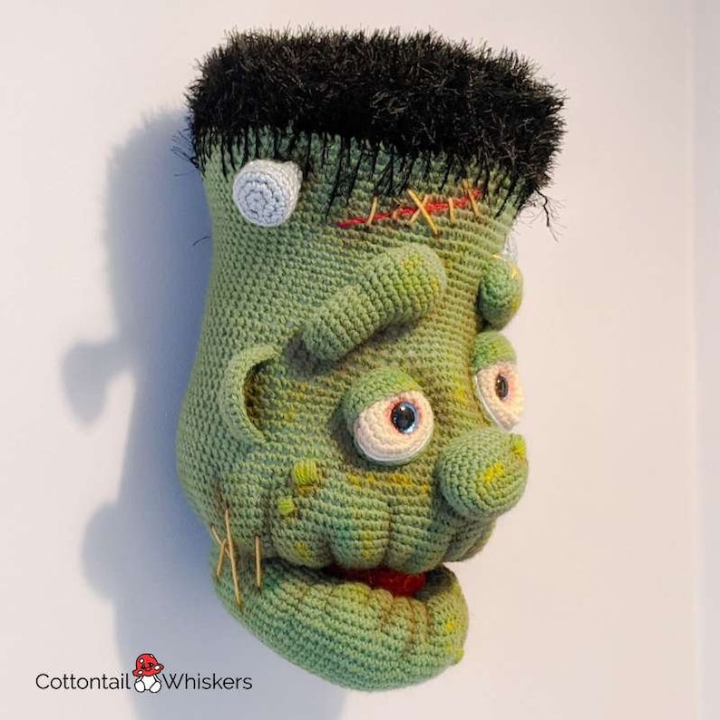 Gehaakt monster van Frankenstein, ALLEEN PDF-PATROON, Amigurumi Trophy Head, Muurhanger afbeelding 5