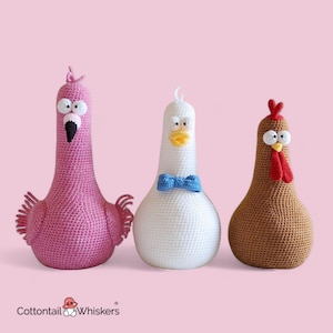 Zestaw wzorów szydełkowych na kurczaka, flaminga i kaczkę, stoper do drzwi, cyfrowa wersja PFD do pobrania, ptak amigurumi