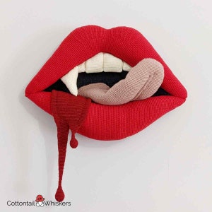Crochet Vampire Lips, PDF PATTERN ONLY, Kiss Amigurumi, Halloween Wall Hanging, Gory Decor, The Vampires Kiss image 4
