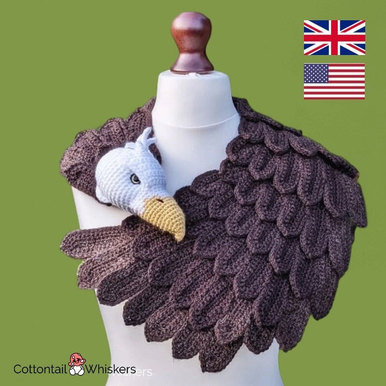 Crochet American Eagle Shawl, PDF PATTERN ONLY, Feather Scarf, Amigurumi Bird Wrap image 1