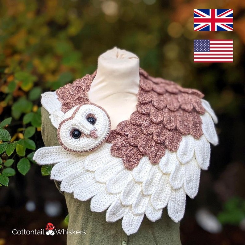 Crochet Barn Owl Wrap, PDF PATTERN ONLY, Feather Scarf, Amigurumi Bird Cowl image 3