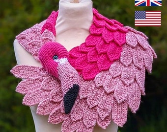 Crochet Flamingo Shawl, PDF PATTERN ONLY, Feather Scarf, Amigurumi Bird Cowl, Pink Wrap