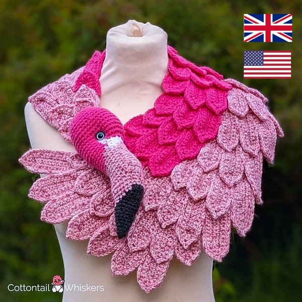 Crochet Flamingo Shawl, PDF PATTERN ONLY, Feather Scarf, Amigurumi Bird Cowl, Pink Wrap