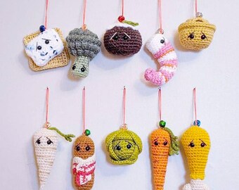 Adornos navideños, paquete de patrones de ganchillo, descarga digital en PDF, decoraciones para el árbol de Navidad en amigurumi, comida de juguete