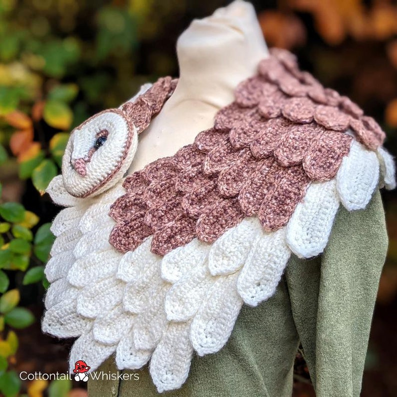 Crochet Barn Owl Wrap, PDF PATTERN ONLY, Feather Scarf, Amigurumi Bird Cowl image 8