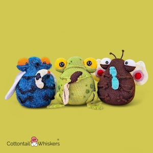 Toad, Fly, Butterfly Crochet Pattern, Amigurumi Doorstop, Maggot, Caterpillar, Tadpole, Insect Amigurumi Plush