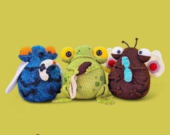 Toad, Fly, Butterfly Crochet Pattern, Amigurumi Doorstop, Maggot, Caterpillar, Tadpole, Insect Amigurumi Plush