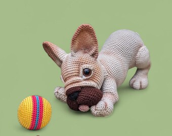 French Bulldog Crochet Pattern, PDF Digital Download, Amigurumi Puppy Dog & Ball, Soft Toy Plushie