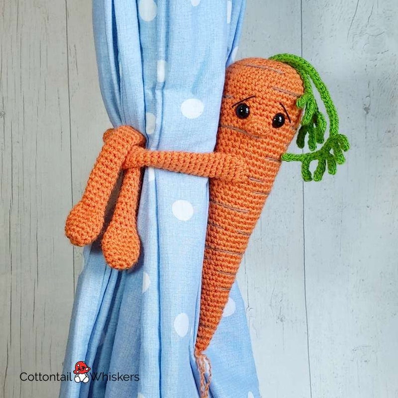 Crochet Carrot Curtain Tie Backs, PDF PATTERN ONLY, Amigurumi Vegetable, Nursery Decoration, Baby Shower Birthday Gift image 1