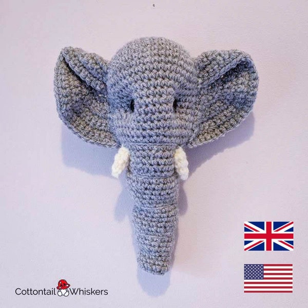 Jolie tête de trophée d'éléphant au crochet, modèle PDF uniquement, animal imitation taxidermie, thème safari pour chambre d'enfant, Toot