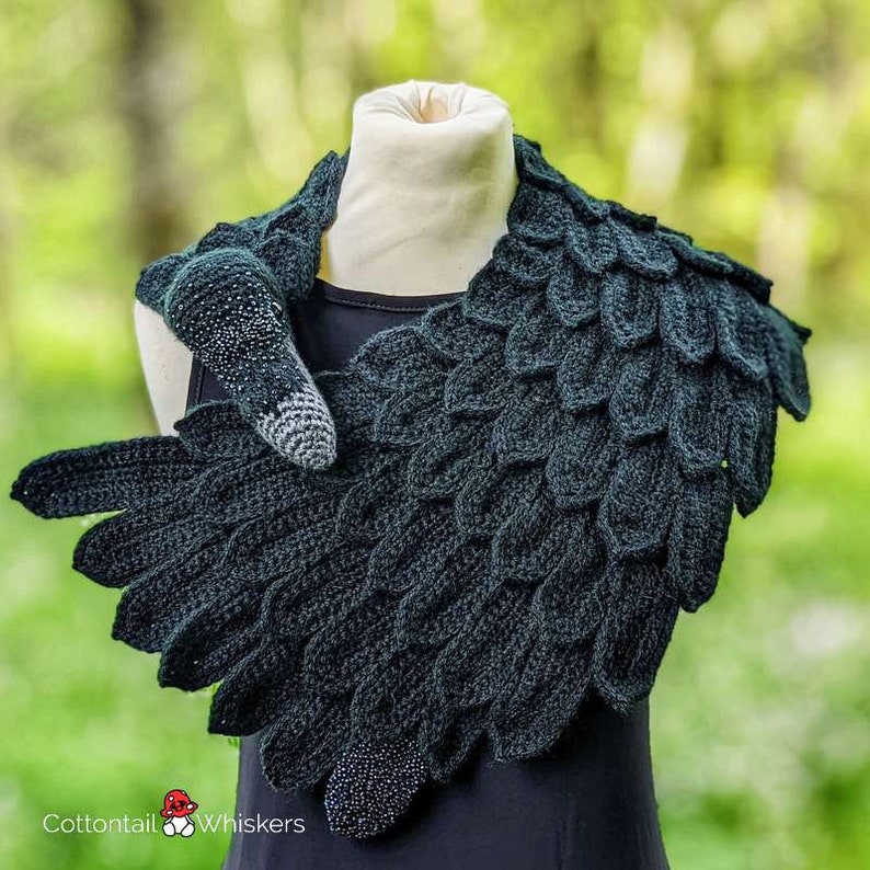 Crochet Raven Shawl Wrap, PDF PATTERN ONLY, Crow Feather Scarf, Amigurumi Bird Cowl image 5