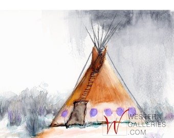 Tipi Rain, Signed Watercolor Fine Art Canvas Wall Print, Teepee, Tepee