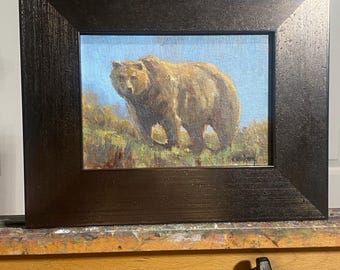 NEW Grizzly Mini 5x7 Original Western Wildlife Brown Bears Framed Oil Painting Gallery Art