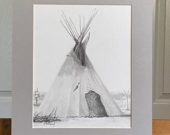 Original Buffalo Tail Camp Tipi Teepee Graphite Pencil & Charcoal Matted Drawing NEW