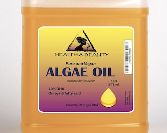 May include: A gallon jug of yellow algae oil, labeled "Health & Beauty Pure and Vegan Algae Oil Schizochytrium SP 40% DHA Omega-3 fatty acid Country of Origin USA 7 LB. 3178 ml."