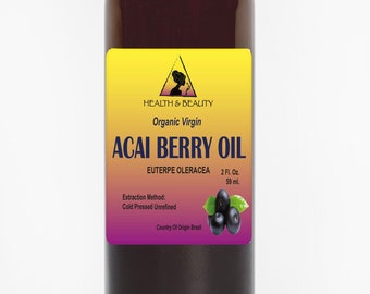 May include: A brown glass bottle with a black cap containing 2 fluid ounces (59 ml) of organic virgin acai berry oil. The label is yellow with a purple and black design and text that reads "Health & Beauty", "Organic Virgin", "Acai Berry Oil", "Euterpe Oleracea", "2 Fl. Oz. 59 ml.", "Extraction Method: Cold Pressed Unrefined", and "Country Of Origin Brazil".