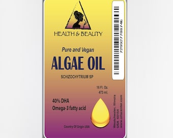May include: A dark brown glass bottle with a label that reads "HEALTH & BEAUTY Pure and Vegan ALGAE OIL SCHIZOCHYTRIUM SP 16 Fl. Oz. 473 ml. 40% DHA Omega-3 fatty acid Country Of Origin USA" and a barcode. The bottle is sitting on a white surface.