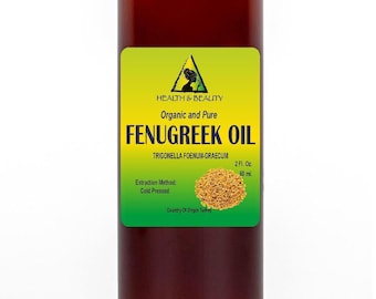 May include: A brown glass bottle with a black cap containing 2 fluid ounces (60 ml) of organic and pure fenugreek oil. The label is yellow with green text and a small image of a woman. The label reads "Health & Beauty", "Organic and Pure", "Fenugreek Oil", "Trigonella Foenum-Graecum", "Extraction Method: Cold Pressed", "Country of Origin Turkey", "2 Fl. Oz.", and "60 ml."