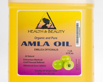 May include: A yellow plastic jug of Amla Oil, labeled "HEALTH & BEAUTY Organic and Pure AMLA OIL EMBLICA OFFICINALIS" with a green triangle logo. The label also states "All Natural Extraction Method: Cold Pressed Refined Obtained from SEEDS Country Of Origin India Exp. date 7 LB. 3178 ml."
