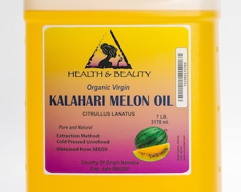 May include: A yellow plastic jug with a label that reads "HEALTH & BEAUTY Organic Virgin KALAHARI MELON OIL CITRULLUS LANATUS Pure and Natural Extraction Method: Cold Pressed Unrefined Obtained from SEEDS Country Of Origin Namibia Exp. date 7 LB. 3178 ml."