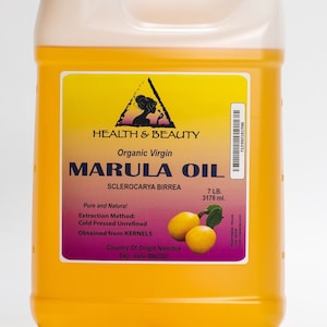 May include: A yellow plastic bottle of organic virgin marula oil, labeled "Health & Beauty" and "Marula Oil". The bottle contains 7 pounds or 3178 milliliters of oil. The label also states that the oil is pure and natural, cold pressed unrefined, obtained from kernels, and from Namibia.