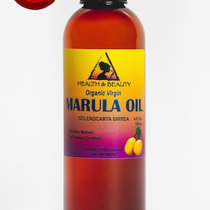 May include: A brown glass bottle of organic virgin marula oil with a yellow label. The label says "Health & Beauty" and "Marula Oil". The bottle is 4 fluid ounces or 118 milliliters.