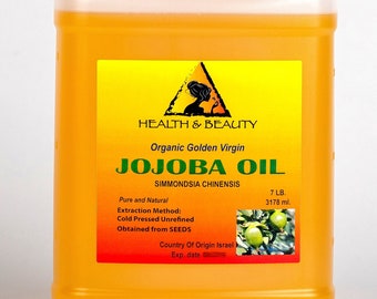 May include: A gallon jug of organic golden virgin jojoba oil, labeled "Health & Beauty", with the words "Pure and Natural", "Extraction Method: Cold Pressed Unrefined", "Obtained from SEEDS", "Country of Origin Israel", "7 LB. 3178 ml."