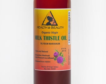 May include: A brown glass bottle of organic virgin milk thistle oil with a yellow label. The label says "Health & Beauty", "Milk Thistle Oil", "Silybum Marianum", "Pure and Natural", "Extraction Method: Cold Pressed Unrefined", "Obtained from SEEDS", "Country of Origin Greece", and "Exp. date".
