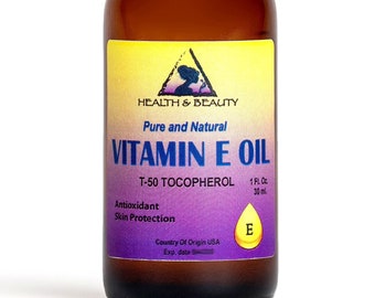 May include: A brown glass bottle with a black cap, labeled "Health & Beauty Pure and Natural Vitamin E Oil T-50 Tocopherol 1 Fl. Oz 30 ml Antioxidant Skin Protection E Country Of Origin USA Exp. date"