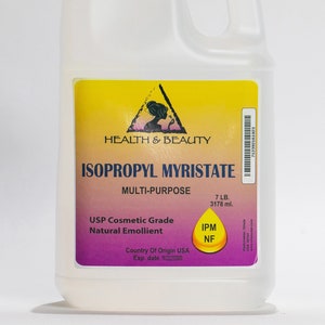 May include: A clear plastic bottle with a yellow label that reads "HEALTH & BEAUTY ISOPROPYL MYRISTATE MULTI-PURPOSE USP Cosmetic Grade Natural Emollient IPM NF Country Of Origin USA Exp. date 7 LB. 3178 ml."