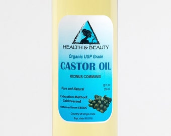 May include: A clear glass bottle of organic USP grade castor oil, labeled "Health & Beauty Castor Oil Ricinus Communis". The bottle contains 12 fluid ounces (355 ml) and is labeled as pure and natural. The extraction method is cold pressed and obtained from seeds. The country of origin is India.