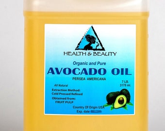 May include: A clear plastic jug filled with yellow avocado oil. The label reads "Health & Beauty Organic and Pure Avocado Oil Persea Americana" and includes information about the oil's extraction method, origin, and size: 7 lb (3178 ml).