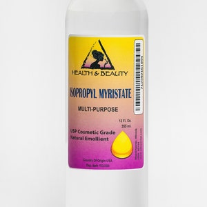 May include: A clear plastic bottle with a white cap containing Isopropyl Myristate, a USP Cosmetic Grade Natural Emollient. The bottle label is yellow with black text and a black and white image of a woman's head. The label also includes the text "Health & Beauty" and "Multi-Purpose". The bottle is 12 fluid ounces (355 ml).