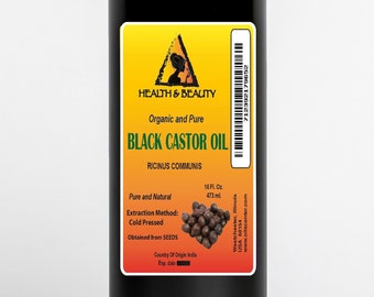 以下が含まれることがあります： 「Health & Beauty Black Castor Oil Ricinus Communis」とラベル付けされた、473mlのオーガニックで純粋なブラックキャスターオイルのボトルです。ボトルは黒で、白いラベルと黄色の警告三角形が付いています。ラベルには、オイルが純粋で自然なもので、コールドプレス製で、種子から得られたものであることも記載されています。原産国はインドです。