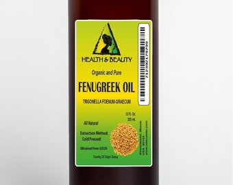 May include: A brown glass bottle of 12 fluid ounce organic and pure Fenugreek Oil. The label is green with white text and a picture of fenugreek seeds. The label reads "Health & Beauty", "Fenugreek Oil", "Trigonella Foenum-Graecum", "All Natural", "Extraction Method: Cold Pressed", "Obtained from Seeds", "Country of Origin Turkey", "Westchester, Illinois USA 60154", "www.oilscenter.com".