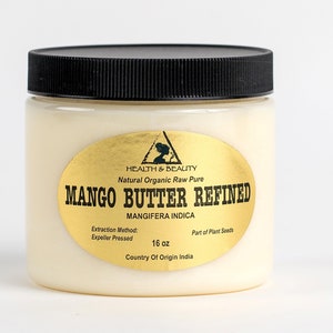 May include: A 16 ounce jar of refined mango butter, labeled "Health & Beauty Natural Organic Raw Pure Mango Butter Refined Mangifera Indica", with the extraction method listed as "Expeller Pressed" and the country of origin as "India".