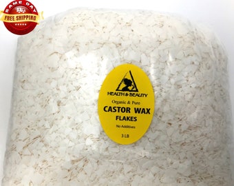 May include: A clear plastic bag filled with white castor wax flakes. The bag has a yellow label that reads "HEALTH & BEAUTY Organic & Pure CASTOR WAX FLAKES No Additives 3 LB".
