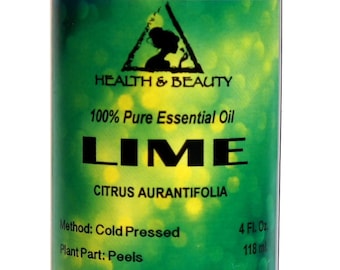 May include: A brown glass bottle with a green label that says "HEALTH & BEAUTY 100% Pure Essential Oil LIME CITRUS AURANTIFOLIA Method: Cold Pressed Plant Part: Peels Country of Origin Mexico 4 Fl. Oz. 118 ml."