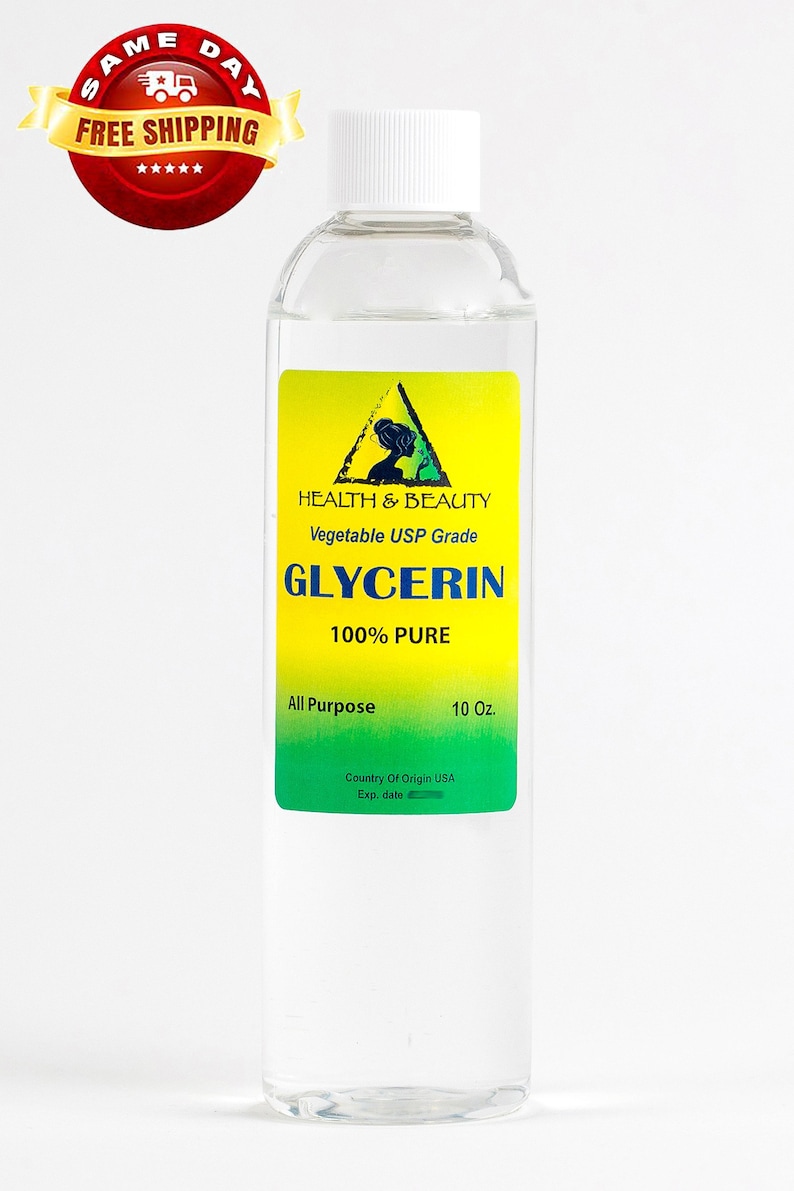K&ouml;nnte beinhalten: Eine durchsichtige Glasflasche mit wei&szlig;em Verschluss, die 300 ml reines pflanzliches Glycerin zu 100 % enth&auml;lt. Das Etikett ist gelb und gr&uuml;n mit dem Text "HEALTH & BEAUTY", "Vegetable USP Grade", "GLYCERIN", "100% PURE", "All Purpose" und "10 Oz."