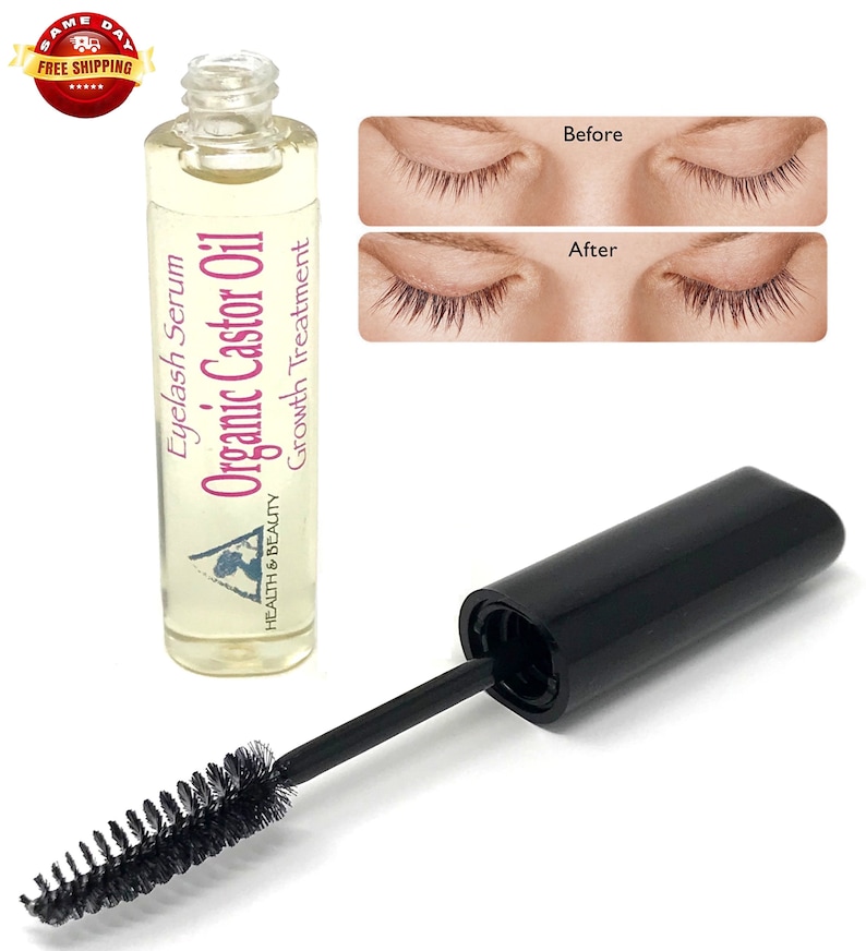May include: A clear glass bottle with a black cap and a black applicator brush. The bottle contains organic castor oil for eyelash growth. The label reads "Eyelash Serum Organic Castor Oil Growth Treatment". The image also shows before and after photos of eyelashes.