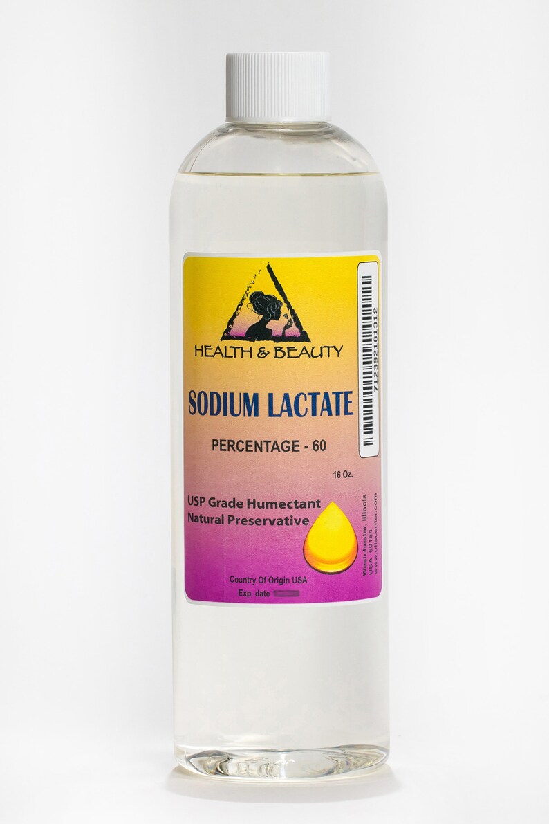 May include: A clear plastic bottle with a white cap, labeled "Sodium Lactate, Percentage - 60, USP Grade Humectant, Natural Preservative, 16 oz., Country of Origin USA, Exp. date" and a yellow triangle with a black silhouette of a woman inside.